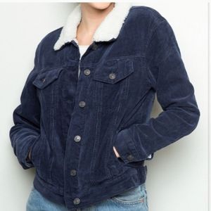 New Navy Lapel Warm Corduroy Fleece Sherpa Lined Bomber Jacket